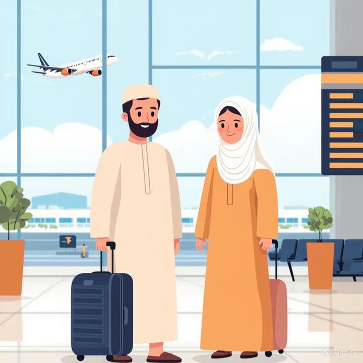 Couple standing in airport with language going for umrah